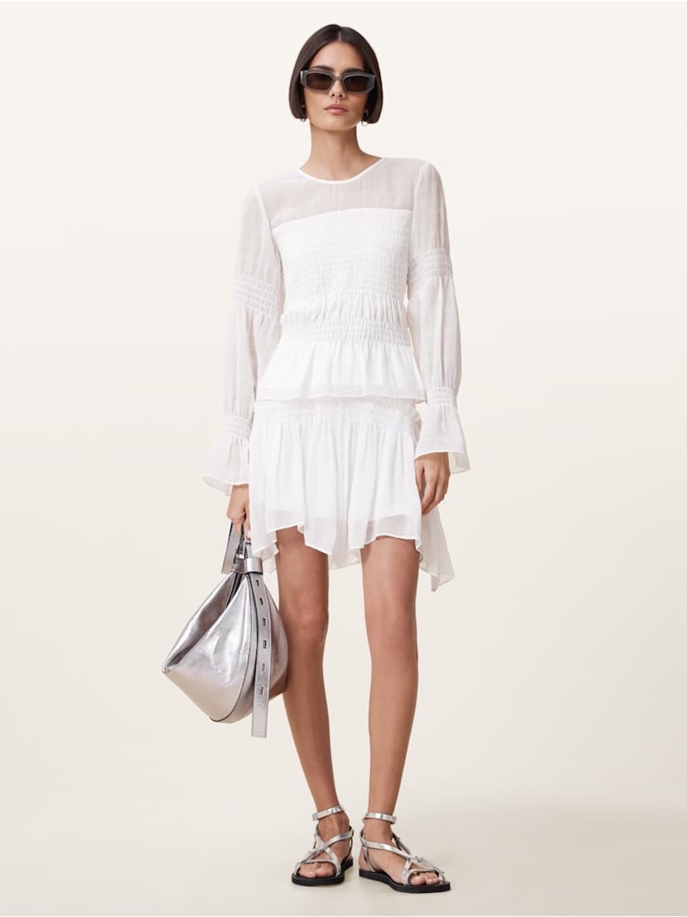 AllSaints White Smocked Long-Sleeve Mini Dress